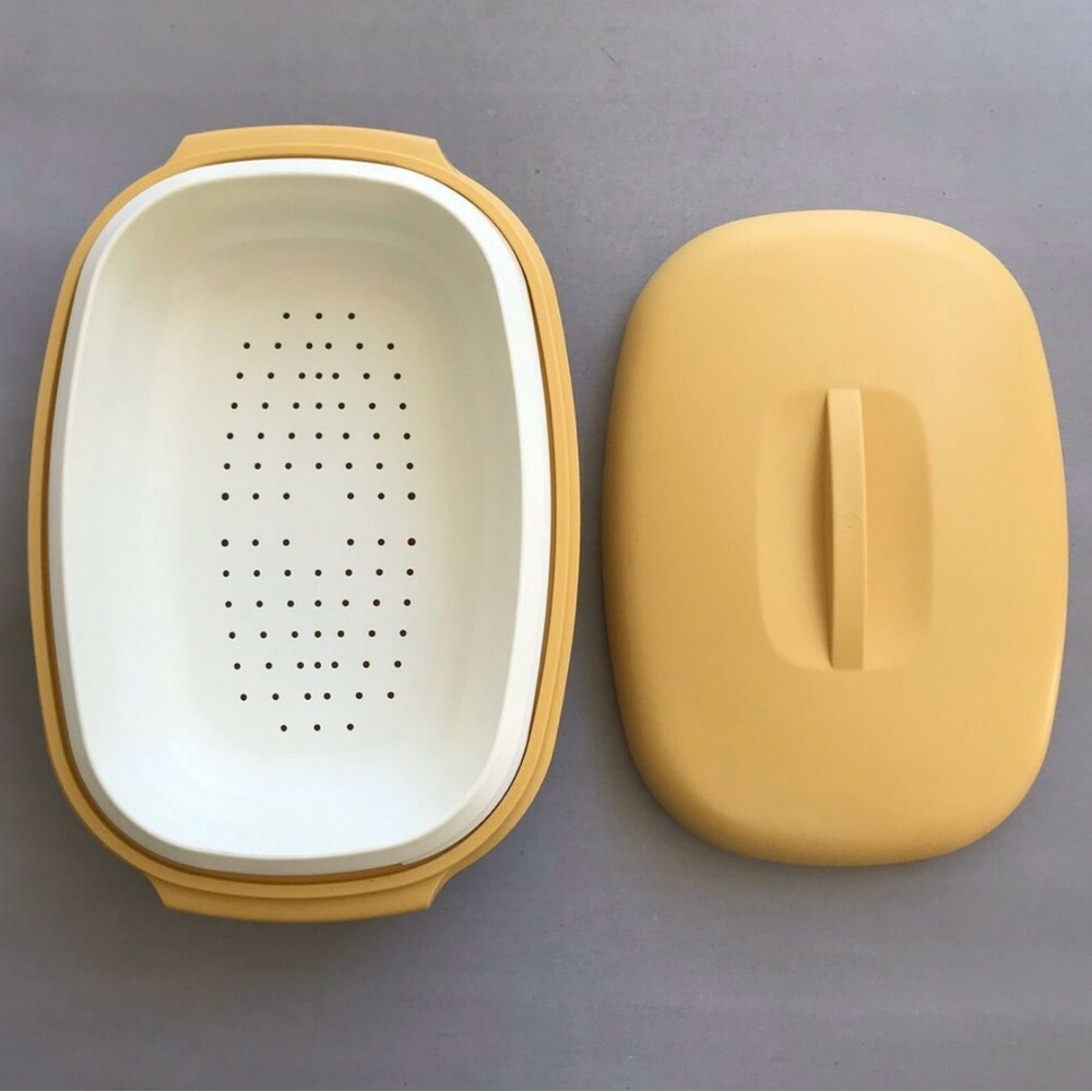 VTG 1970 TUPPERWARE HARVEST GOLD VEGETABLE MICROWAVE STEAMER BOWL WITH C…